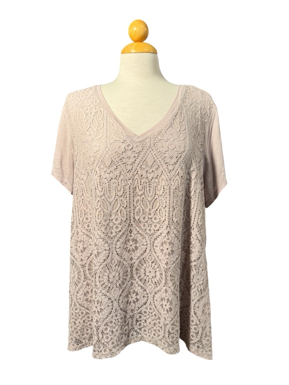 Light Lavender Lace Front V-Neck Short Sleeve Blouse